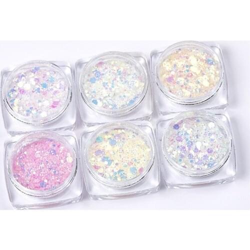 6Boxes/set Sun Light UV Sensitive Changing Color Mixed Size Flakes Chameleon Glitter Powder Manicure 3D Nail Art Gel Decoration