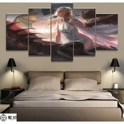 Home Decor 5 Piece Dragon and Maiden Animation Canvas Printed Wall Pictures Home Decor For Living Room Poster Canvas Wholesale