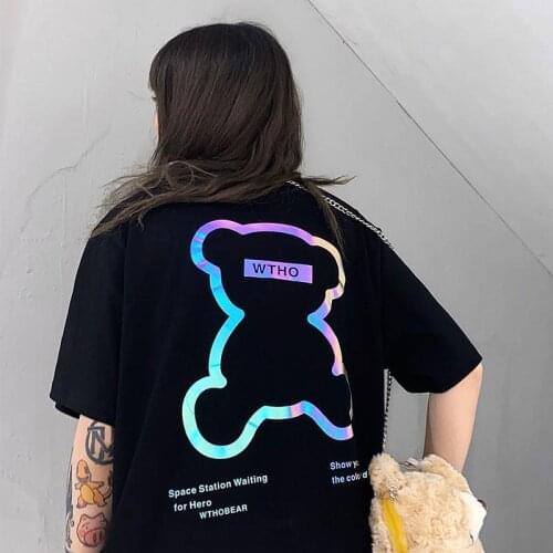 Loose Black Bear T-shirt Funny Short Sleeve Reflective T Shirt Women Tee Shirt Femme Tops Ladies High Street TShirt Streetwear