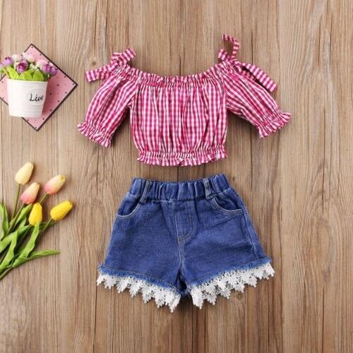 2PCS Set Toddler Kids Baby Girl Clothes Bowknot Plaid Off Shoulder Tops+Denim Shorts Lace Bottom Pants Summer Clothes Set 1-6Y