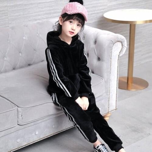 Girls Fall Winter Gold Velvet Clothing Suit Childrens Thickened Striped Spliced Clothes Kids Hooded Sweater + Sport Pants X310