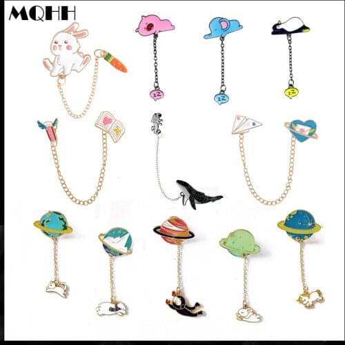 Creative Pendant Chain Enamel Brooch Planet Astronaut Animal Elephant Bear Whale Rabbit Book Heart Shape Alloy Badge Cartoon Pin