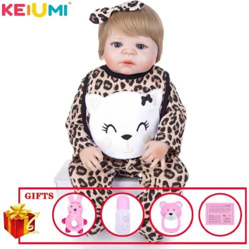 KEIUMI 23 Inch Reborn Doll Full Body Silicone Fashion Newborn Girl Babies Wear Leopard Romper Baby Doll For Child Xmas Gifts