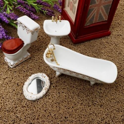 1/12 Dollhouse Mini Furniture Porcelain Bathroom Set White Toilet, Bathtub & Basin #1