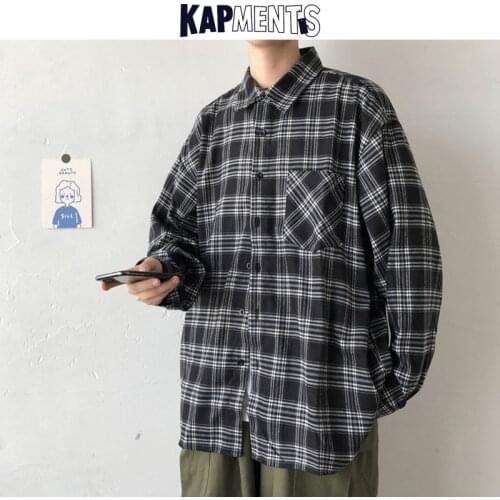 KAPMENTS Men Korean Plaid Long Sleeve Shirt 2021 Man Harajuku Vintage Japanese Streetwear Shirts Male Fashion Loose Kpop Clothes