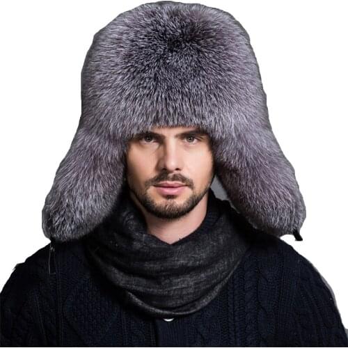 Star Fur 2019 Genuine Silver Fox Fur Hats Men Real Raccoon Fur Lei Feng Cap for Russian Men Bomber Hats with Leather