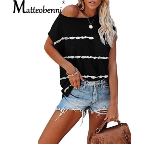 2021 New Summer Fashion Women Casual Fashion Raglan Short Sleeves Elegant Striped Printed Pocket O Neck Loose Pullover T-shirts