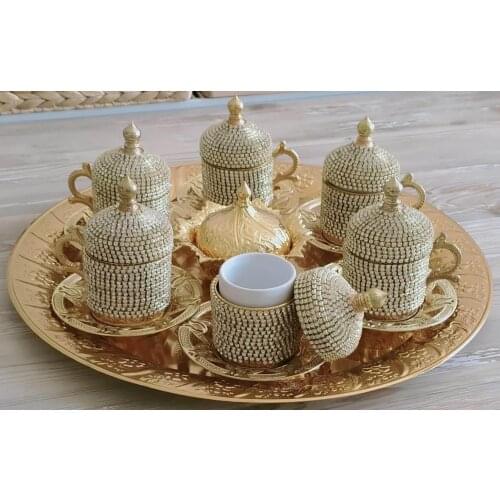 OTTOMAN Empire Motif Turkish Coffee Set Nostalgia Guest Cup 6 Person Espresso Tea Drinkware Yellow White Stone MADE IN TURKEY