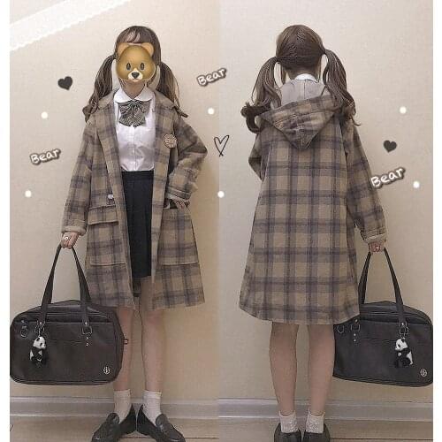 Womens Plaid Wool Long Coat Comfortable Warm Hooded Trench Long Sleeve Outwear Preppy Style Autumn Winter