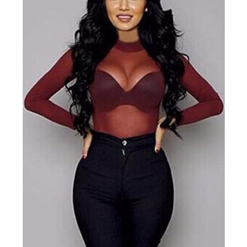 Sexy Women Blouses See Through Transparent Mesh Stand Neck Long Sleeve Sheer Blouse Shirt Ladies Tops Tee