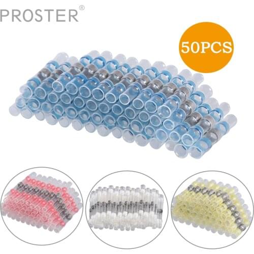 PROSTER 50Pcs Heat shrink Solder Splice 26-24 22-18 16-14 12-10 Gauge Sleeves Electrical Wire Butt Terminal Non Crimp Connectors