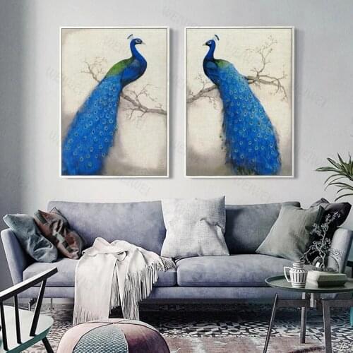 WEIWEI art Retro Style Blue Peacock Standing On The Tree A4 Canvas Art Painting Print Poster Picture Wall Elegant Home Decor