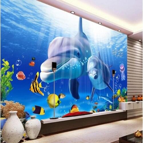Wellyu Custom large frescoes blue ocean 3D dolphin TV backdrop non-woven wallpaper papel de parede para quarto