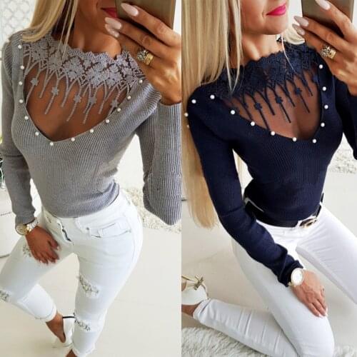 2020 Spring Fashion Temperament Womens Solid Color Sexy V-neck Lace Hollow Stitching Pearl Knit Bottoming Long-sleeved T-shirt