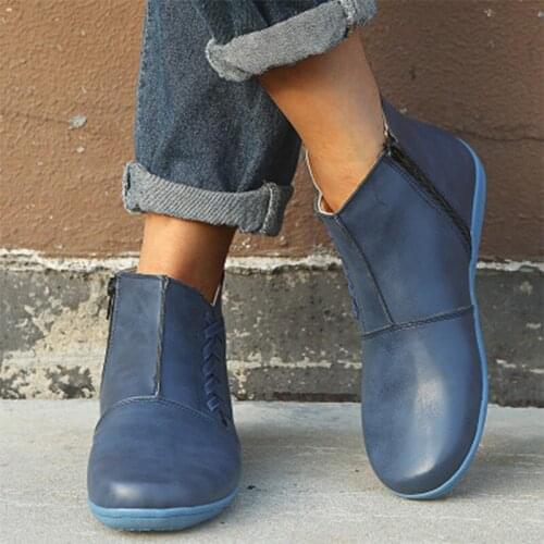 Women Leather Ankle Boots 2020 Womens Comfortable Flats Woman Stripe Zip Short Boots Ladies Casual Footwear Shoe Plus Size 43