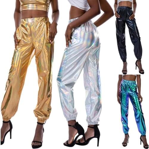 Hip Hop Women Holographic Pants Night Club Elastic High Waist Long Trousers
