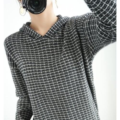 Womens winter Cashmere sweaters Hoodie Pullovers Female Loose 100% Pure Wool Knitted Sweater checkered Sweater woman Coat Top