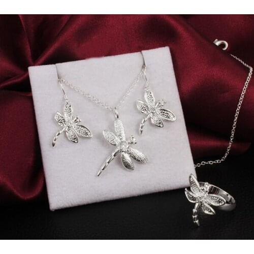 Hot Luxury 925 sterling Silver fine Crystal dragonfly pendant necklace earrings rings for women Jewelry set Party fashion gifts