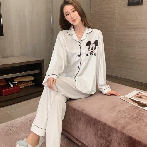M-5XL Disney Mickey Womens Fall Ice Silk Satin Pajamas Set Sleepwear Winter Pijama Suit Female Sleep Two Piece Set Loungewear