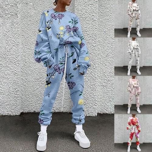 2021Loose Tracksuits Women 1Set Top Pants Set Tie Dye Floral Print Women Round Neck Pullover Drawstring Pants Sports Jogger Suit