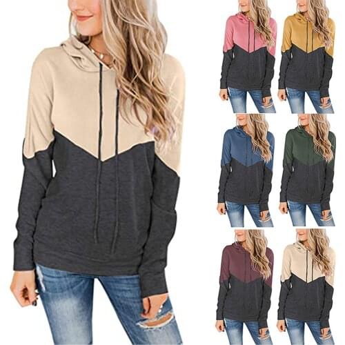 Women Patchwork Hooded Sweatshirt Autumn Color Contrast Print Harajuku Drawstring Sports Hoodie Casual Long Sleeve Pullover Tops