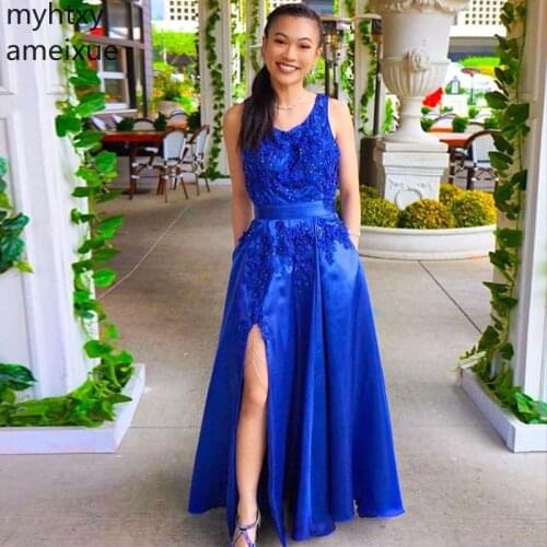 Custom Plus Size Royal Blue A-line Prom Dresses Scoop Neck Appliques Beading 2020 Long Vestido De Fiesta Graduacion Front Split