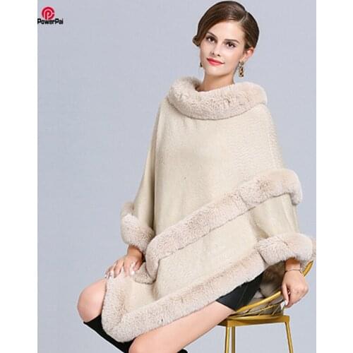 Fashion Full Trims Soft Faux Rex Rabbit Fur Poncho Coat Knit Cashmere Pullover Cape Shawl Women Autumn Winter New