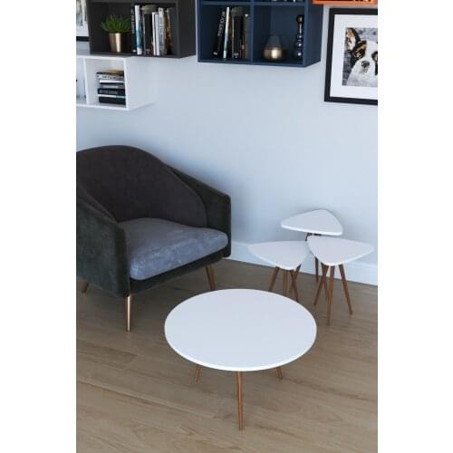 Modern 3'lü Triangle Zigon Coffee table, Serving Stand and Paris Medium Coffee table-White coffe table table bassee