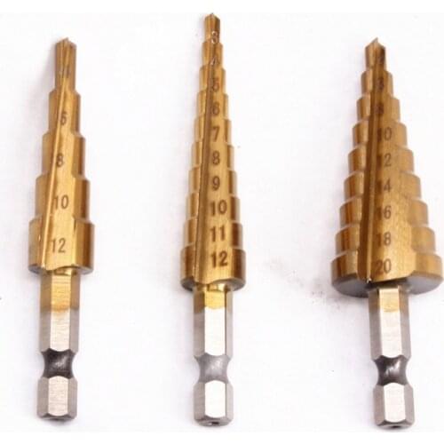 3Pcs Metric Spiral Flute The Pagoda Shape Hole Cutter 3-12 4-12/20mm HSS Steel Cone Drill Bit Set HSS Steel Step Sharpening