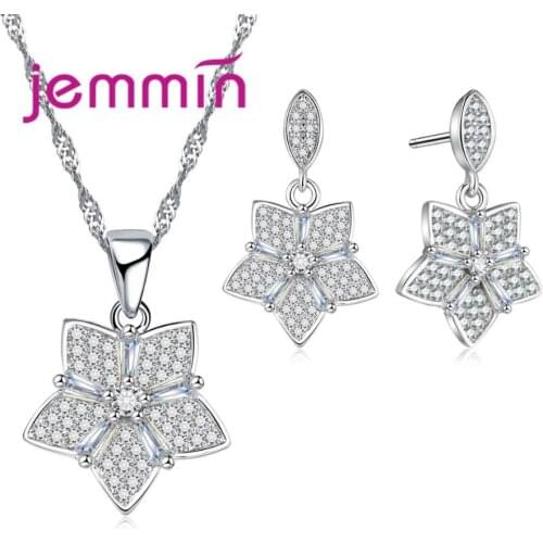 Elegant Crystal Flower Shape Wedding Jewelry Sets 925 Sterling Silver Earrings Necklace Sets Bridal Accessories