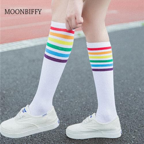 Thigh High Socks Over Knee Rainbow Stripe Girls Sport Socks Black White Korean Style Women Streetwear Harajuku Skarpetki