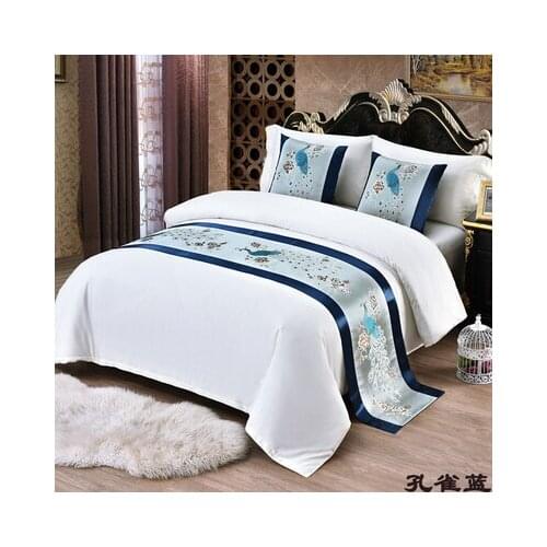 Blue Peacock pattern Bedspreads Bamboo Bed Runner Throw Bedding Queen King Bed Cover Towel Home Hotel Decorations for wedding