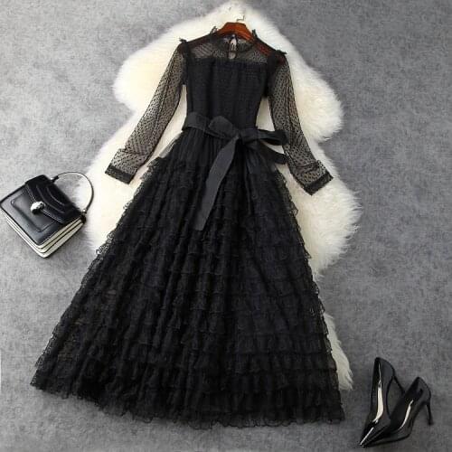 And American womens European clothing new 2021 spring Long sleeve collar lace-up Fashionable black lace cake dress