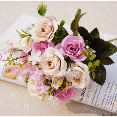 13heads silk roses Bride bouquet Wedding christmas decoration for home vase ornamental flowerpot artificial flowers scrapbooking