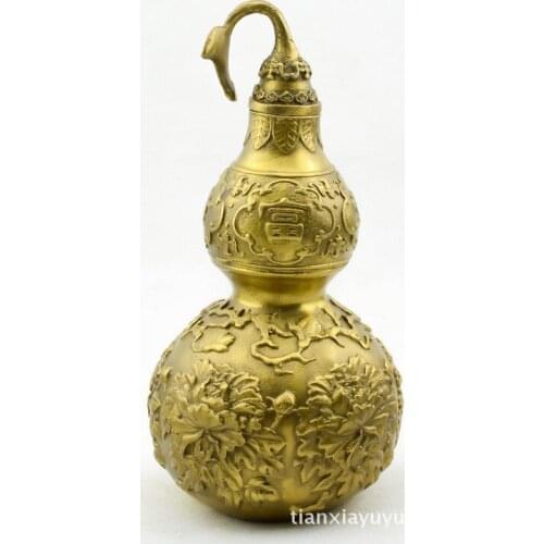 Chinese Brass Copper FengShui Lucky Floral Open Wealth Pot Vase Gourd Cucurbit