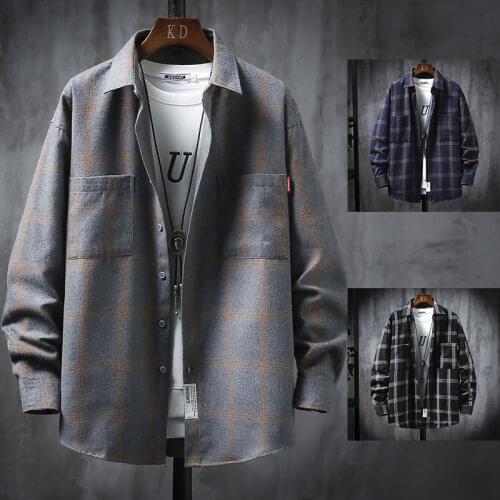 Korean loose plaid shirt fashion autumn winter coat 2020 new black grey port style Japanese shirt mens long sleeve