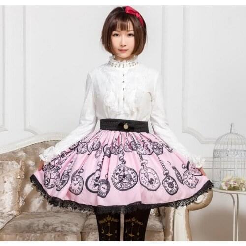 Adomoe new Custom made Plus Size Lolita Skirt Lace Sweet Pink Alice Clock Printing Women Pleated Soft Sister Princess Skirts
