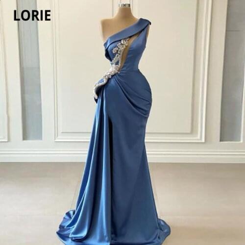 LORIE Arabic Evening Dresses One Shoulder Appliques Beaded Blue Long Formal Mermaid Prom Gown Pleats Satin Party Dress 2021