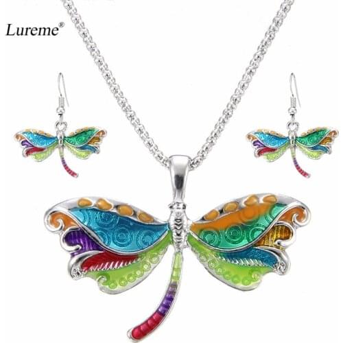 Lureme New Enamel Colorful Animal Dragonfly Necklace Pendant Dangle Earrings Jewelry Set for Womens Party Accessories (js000691)