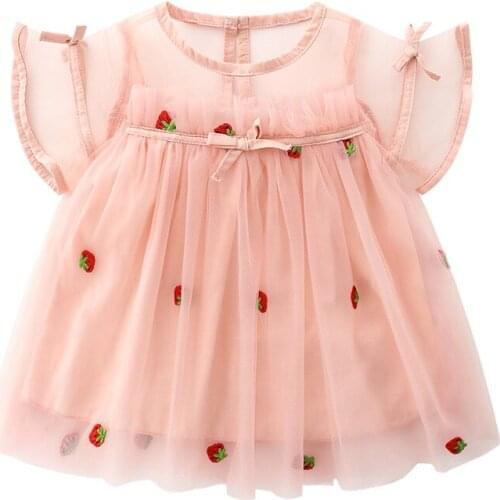 Summer new 2021 kids clothes female baby short-sleeved cute strawberry embroidered pink yarn dress 1-4 years