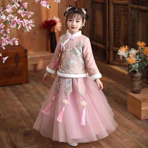 Autumn Winter New Embroider Girls Hanfu Cheongsam Chinese Tradition Wedding Flower Girl Dress Cute Kids New Year Dress Clothes