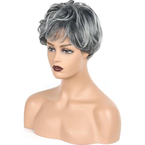 Short Hair Wigs with Natural Bangs Pixie Cut with Highlights Synthetic Short Straight Gray Haircut For White Women BY162