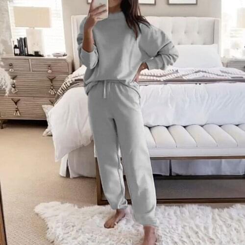 Casual Women Solid Tracksuits Lantern Sleeve O Neck Tops And Drawstring Pants Two Piece Sets Autumn Winner Loose Female Outfits