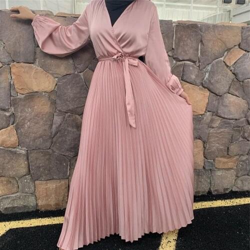 Ramadan Pleated Muslim Long Sleeve Maxi Dress Abaya Dubai Islamic Clothing Caftan Arab Jilbab Party Gown Cocktail Robe Fashion