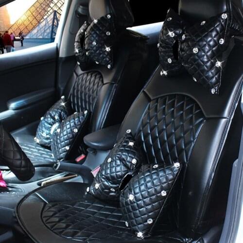 Cute Diamond Bowknot PU Leather Car Neck Pillow Waist Support Pillows Auto Headrest Crystal Rhinestone Car Accessories for Girls