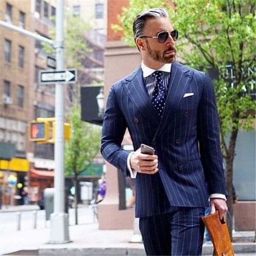 Navy Blue Double Breasted Wedding Men Suit 2Pieces Terno Bespoke Fashion Slim Notch Lapel Blazer For Man
