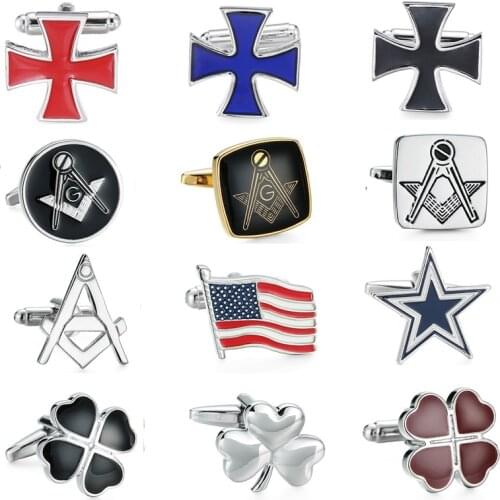 KC-1314 High quality mens shirt cuff button new fashion brand logo Masonic / clover / blue stripes / crosses Cuff Links