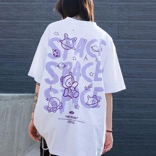 Bear Rabbit Space Short Sleeve Shirts for Women Streetwear 2021 Harajuku Hip Hop Tshirts Fashion Casual Cotton Loose Tops