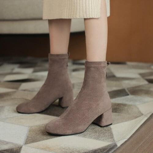 New Women Shoes High Heels Slip ankle boots winter Stretch socks boots elegant Square high heels shoes female Plus size 32- 43