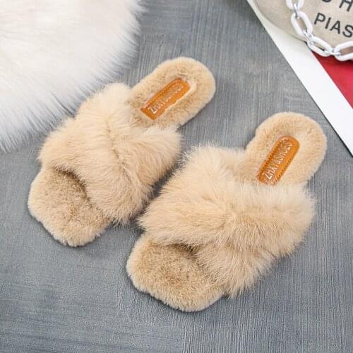 2021 New Rabbit Hair Winter Women Home Slippers with Faux Fur Fashion Warm Shoes Woman Slip on Flats Female Slides Zapatos Mujer